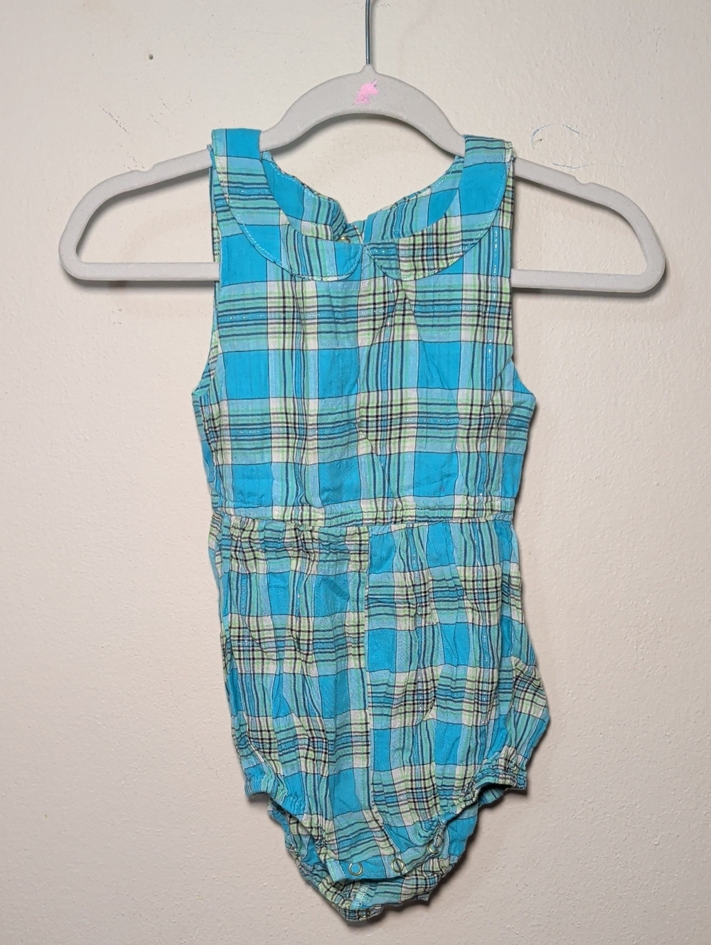 Little Minis Blue + Green Plaid Bubble Romper with Metallic Threads Size 12-18M